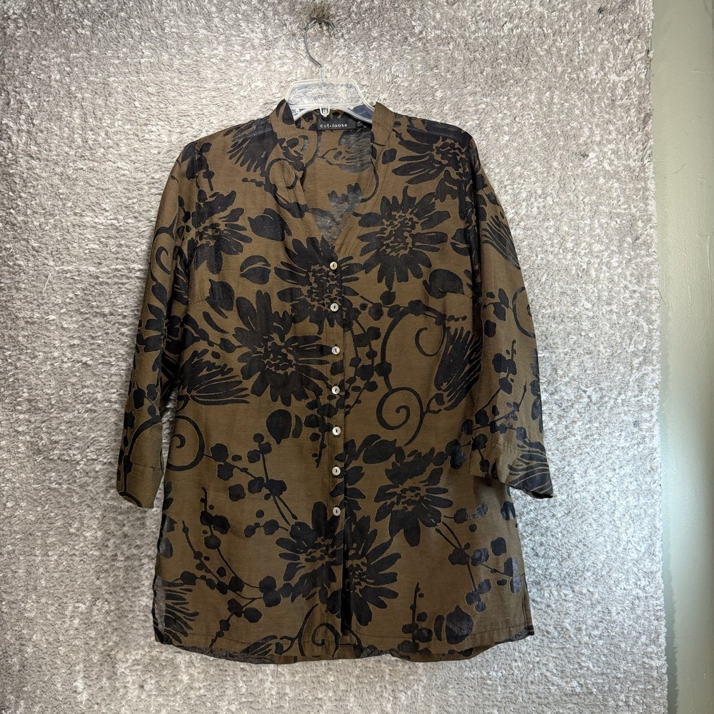 True Destinations Brown Black Sheer Tunic Shirt S Beachy Resortwear Preppy Boho